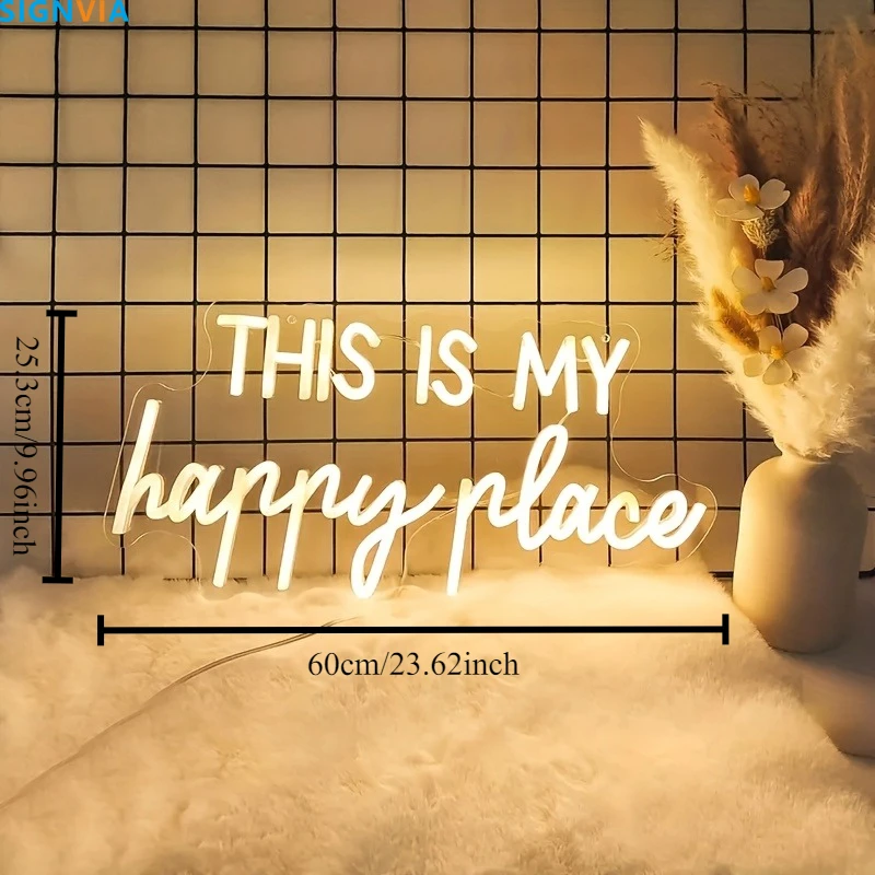 This Is My Happy Place Neon Sign USB Adjustable Brightness Reusable Party Lighting Wedding Bedroom Wall-Mounted Decor Neon Signs