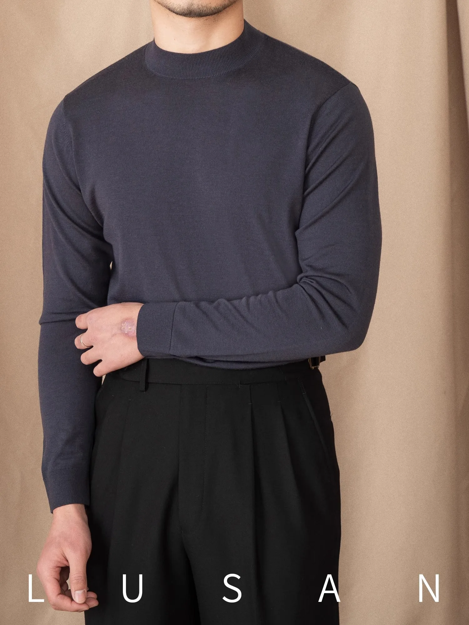 Pulôver masculino 100% lã – Suéter britânico Commuter Slim Fit com camada base semi-gola alta