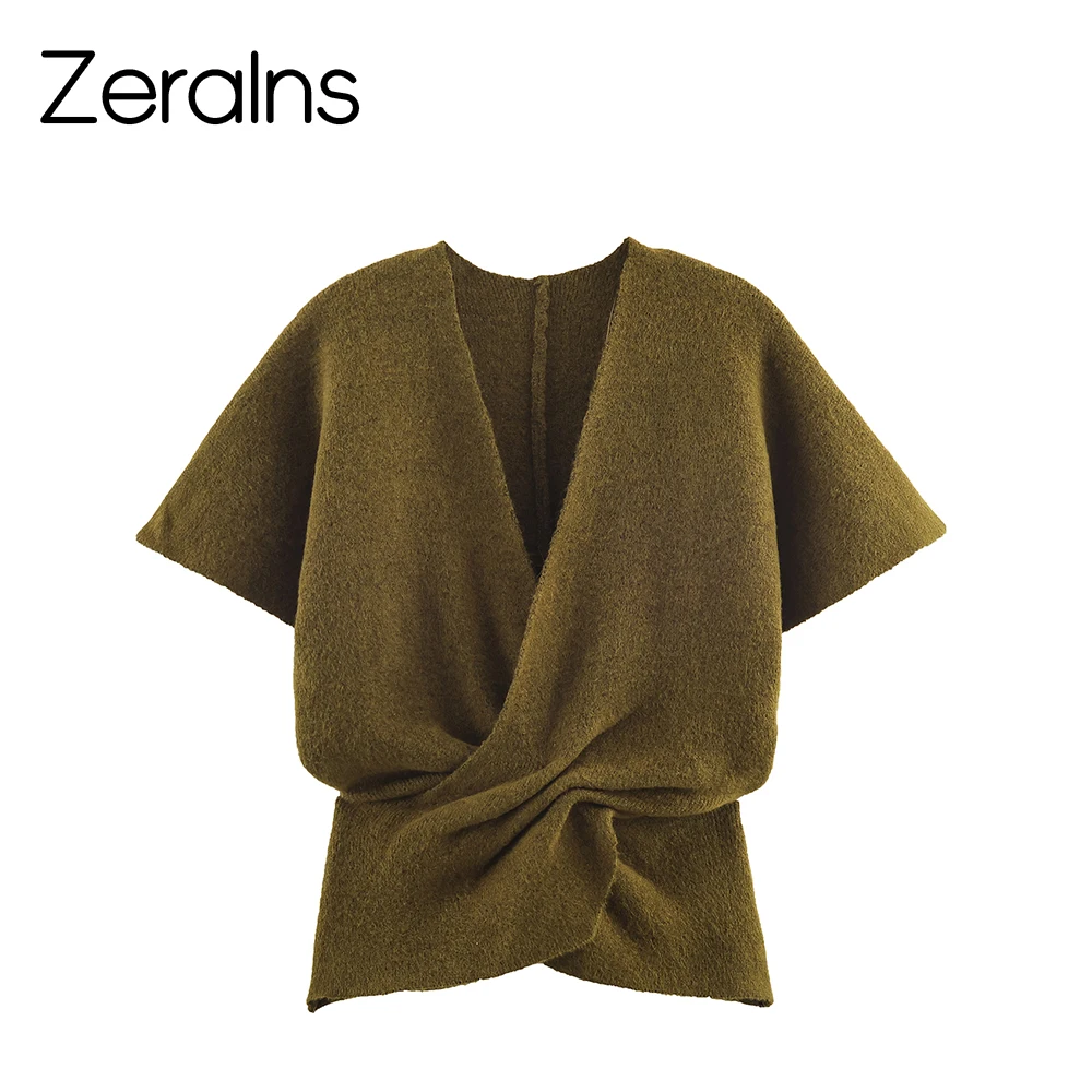 

ZERAINS French style V-neck twisted short sleeved knitted sweater with winter design slim fit and versatile top