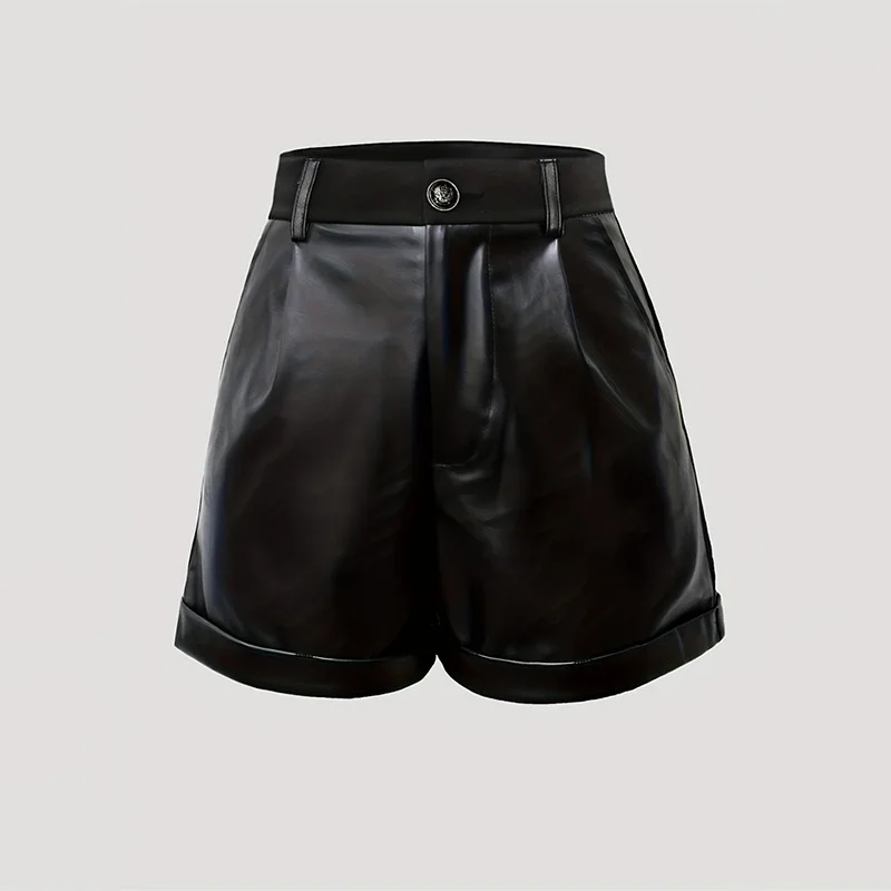 

Women's Commuting High Waisted Pants with Rolled Edge Button Decoration Double Pocket PU Leather Shorts