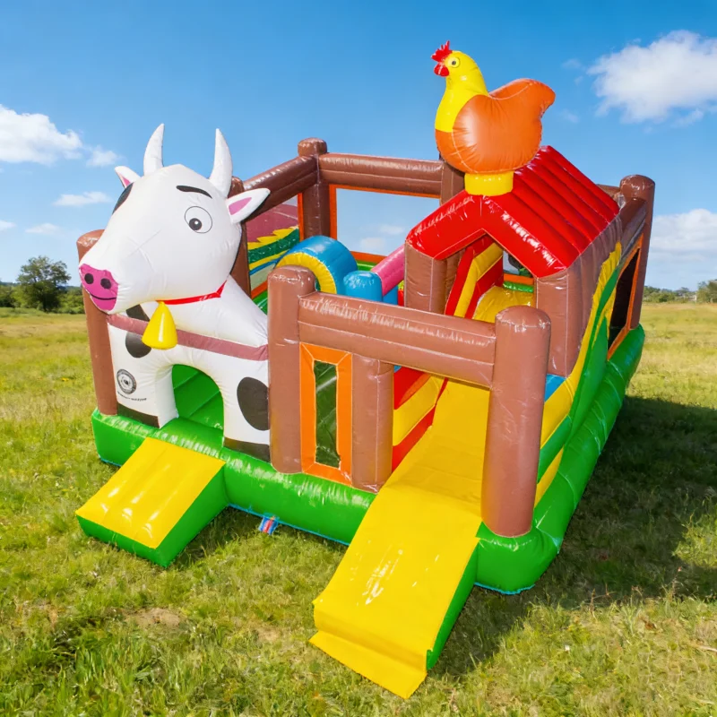 Douerfei Farm Milk Cow Eco-Friendly PVC 0.55mm Cartoon Inflatable Bounce House Trampoline Set Slide 5x6m 30 Persons Capacity