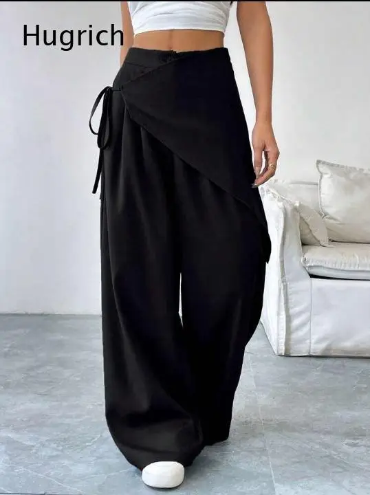 Minimalist Solid Black Fake Skirt Design Wide Leg Trousers Asymmetric Wrap Front Side Drawstring Relaxed Bottoms