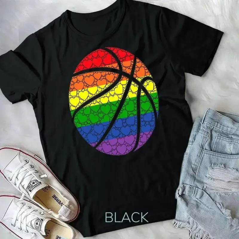 

LGBTQ Gay Pride Rainbow Flag Love Hearts Basketball Player Unisex T shirt