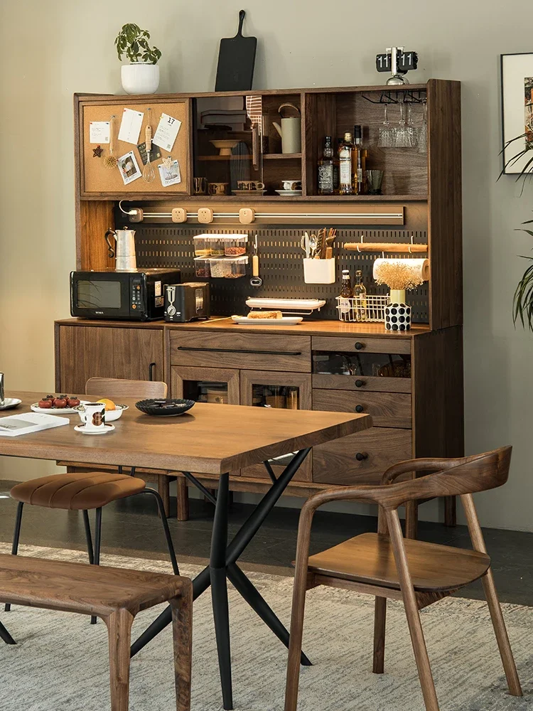 Black walnut dining side cabinet integrated against the wall, living room storage side cabinet