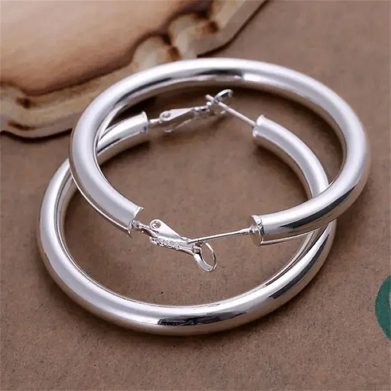 925 Sterling Silver Earrings Fashion Pretty Nice Women Party 5CM Round Jewelry Big Circle Lady Wedding