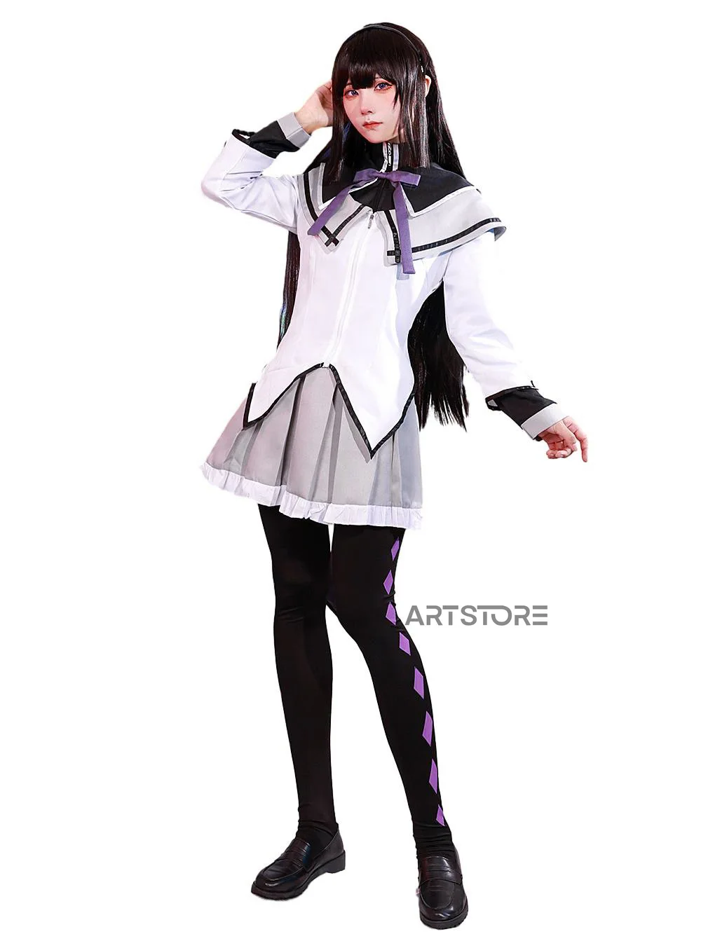 Magisch Meisje Puella Magi Madoka Magica Homura Akemi Cosplay Kostuum Vechten Uniform Pruik Sokken Halloween Kostuums Voor Vrouwen