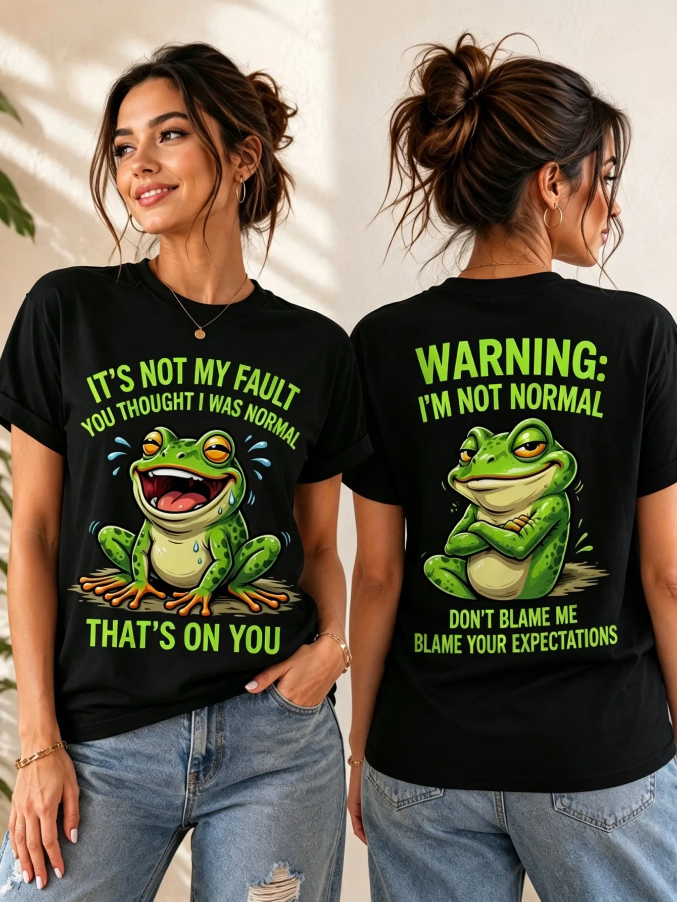 Ladies' Frog Fun Printed Short Sleeved T-shirt, Funny and Casual Style Loose Fit for Daily Travel and Summer Outdoor Wear