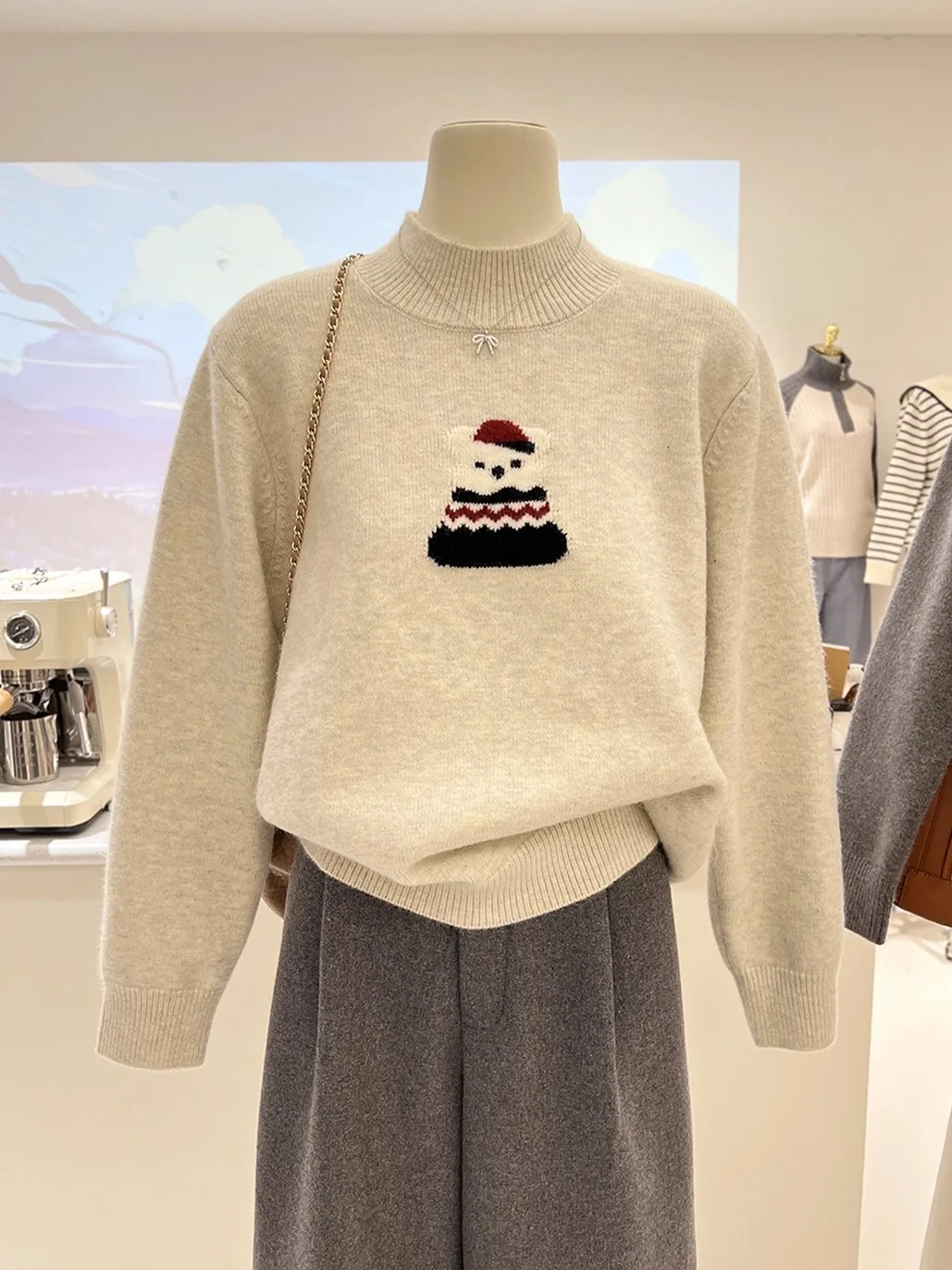 

Korean Sle Loose Knitted Sweater Women's f High Collar Bear Patterned Fce Winter Top Casual Loose Fit Long Sve