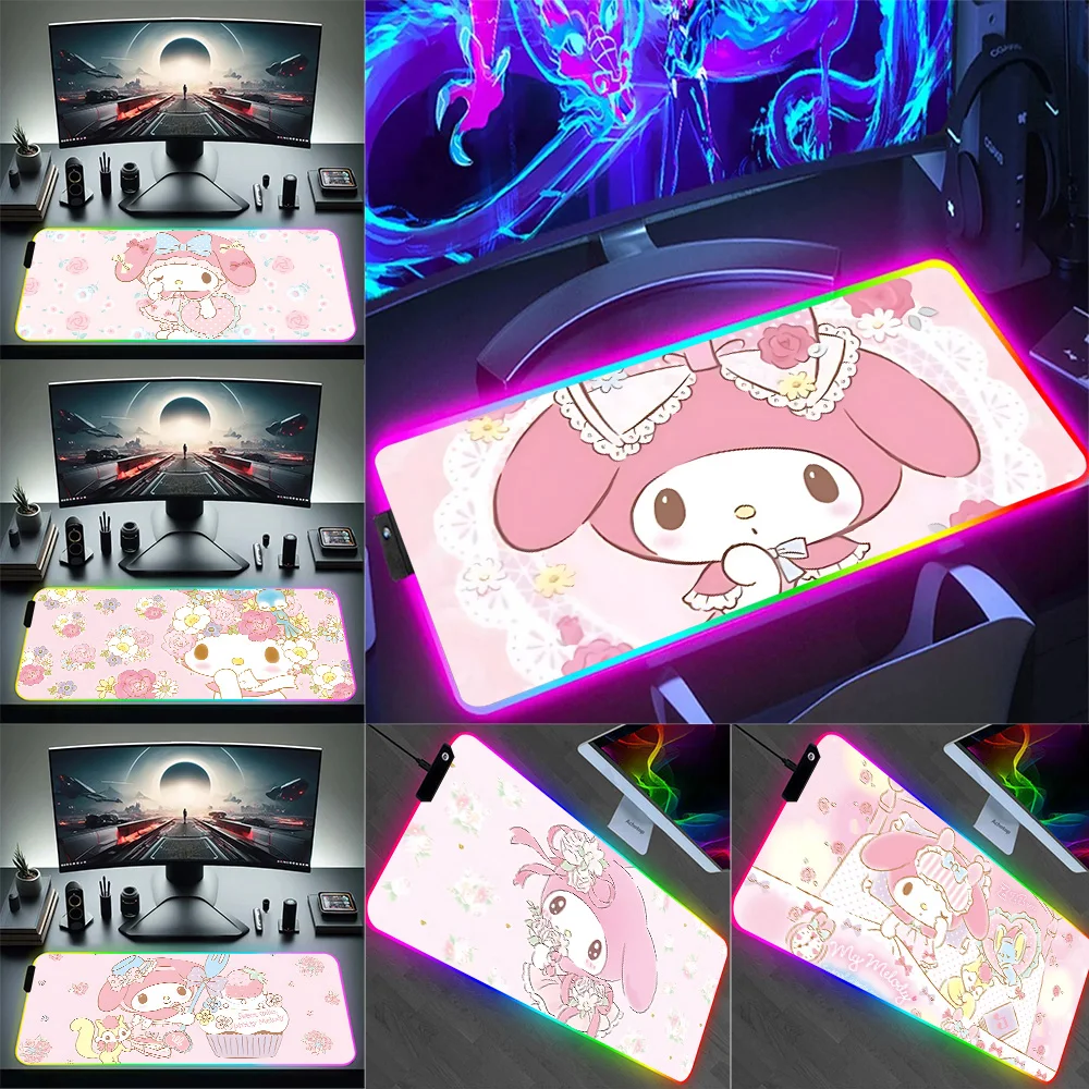 Симпатичный мультяшный RGB компьютерный игровой коврик My Melody для клавиатуры и мыши, коврик для мыши, светящиеся резиновые коврики для мыши, коврик для игрового компьютера