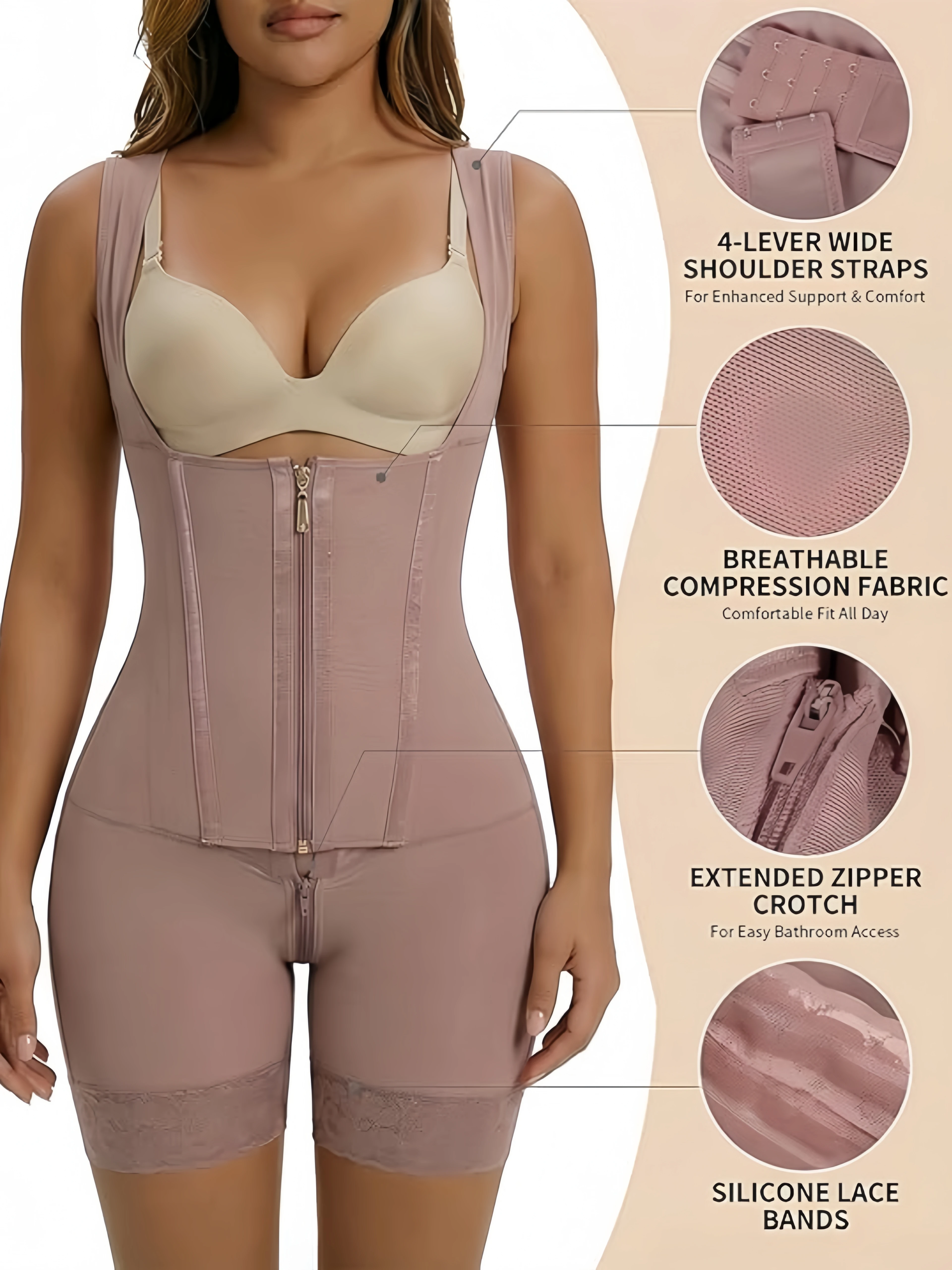 Women's Shaping Suit Front Zipper Leg & Tummy Tightening Buttock Lifting Body Contouring Underwear for Slimming Effect