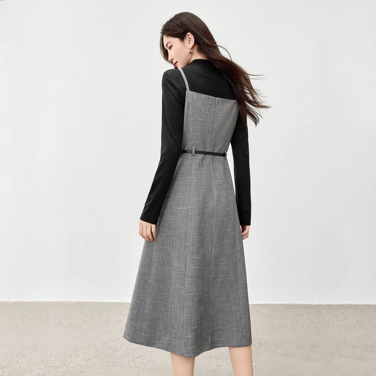 SENTUBILA Autumn Women's Dress Set 2026 Autumn Commute Two Piece Sets Long Sleeve Knitted Tops V-Neck Slip Dress 153ZB2643