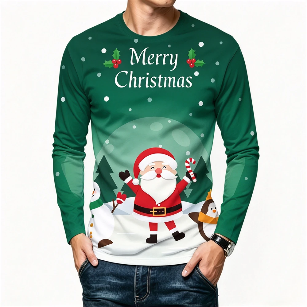 Merry Christmas Men's Long Sleeve T-shirt Funny Santa Claus 3D Print Tee Casual O-neck Oversized Pullover Fashion X'mas Clothing