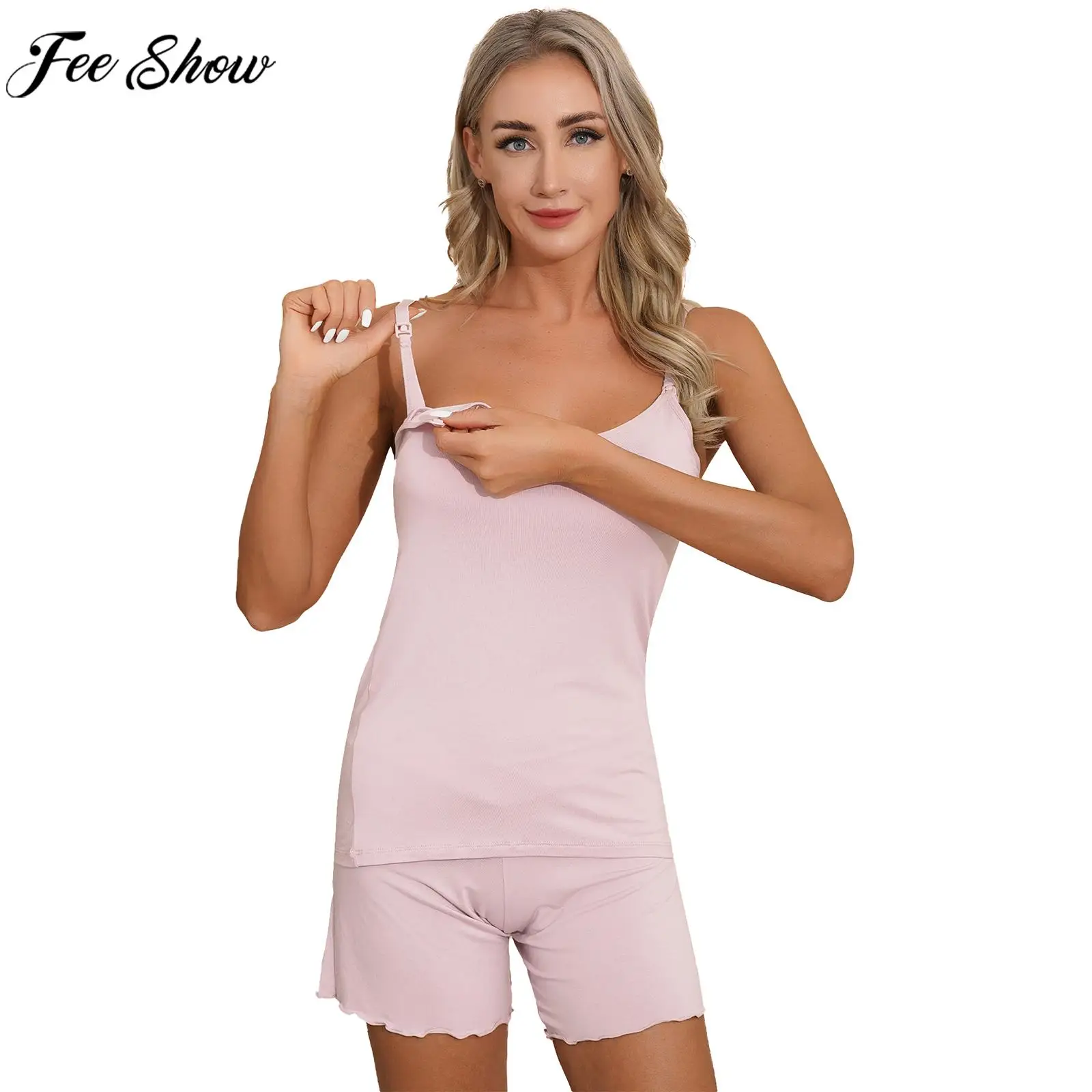 Maternity Nursing Breastfeeding Costume Pregnant Woman Pajamas Set Loungewear Nightwear Padded Camisole with Low Rise Shorts