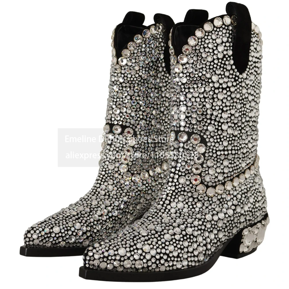 Crystal Decor Pointed Toe Chunky Heel Ankle Boots Pull on High Heel Western Boots Nightclub Party Runway Luxury Short Bootie