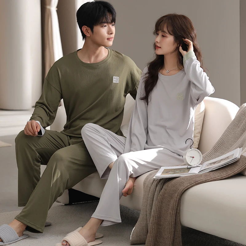 Couple Nightwear Suit Spring Sweet Cute Long Sleeve Pajamas For Male Female Solid Color Homewear Men M-4XL Cotton Pijamas Mujer