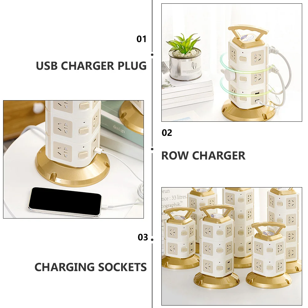 

Multifunction Power Outlet Triple Layers Tower USB Plug Vertical Standing Design Overload Protection Home Office Travel