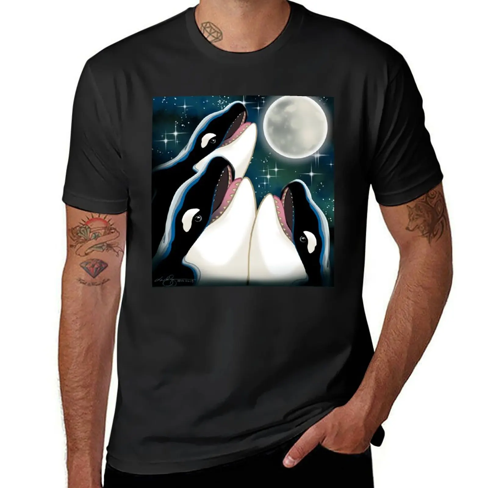 Three Orcas and Moon T-Shirt summer tops tees workout shirts for men