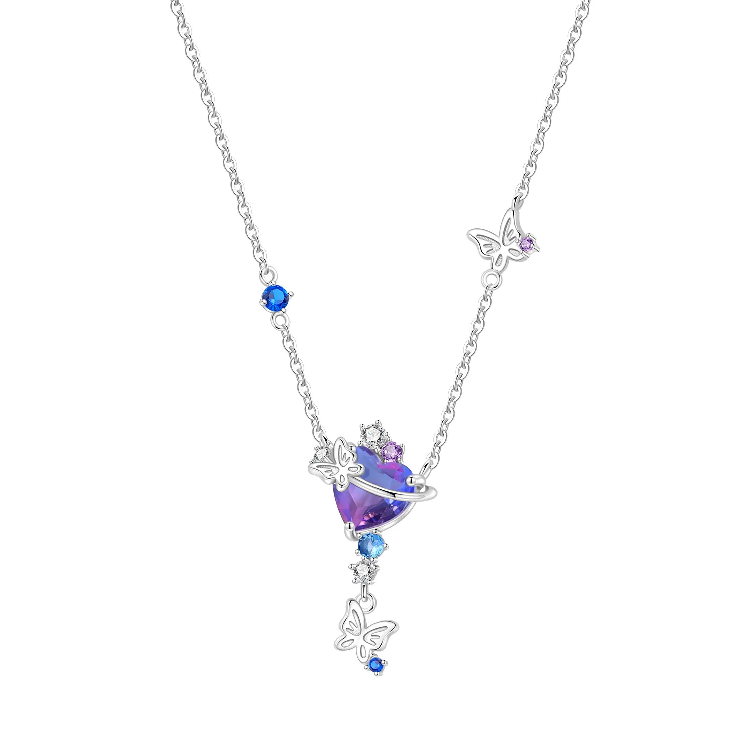 PANPOKI 925 Sterling Silver Colorful Planet Butterfly Droplets Necklace Pendant Necklace for Women Birthday Gifts Fine Jewelry