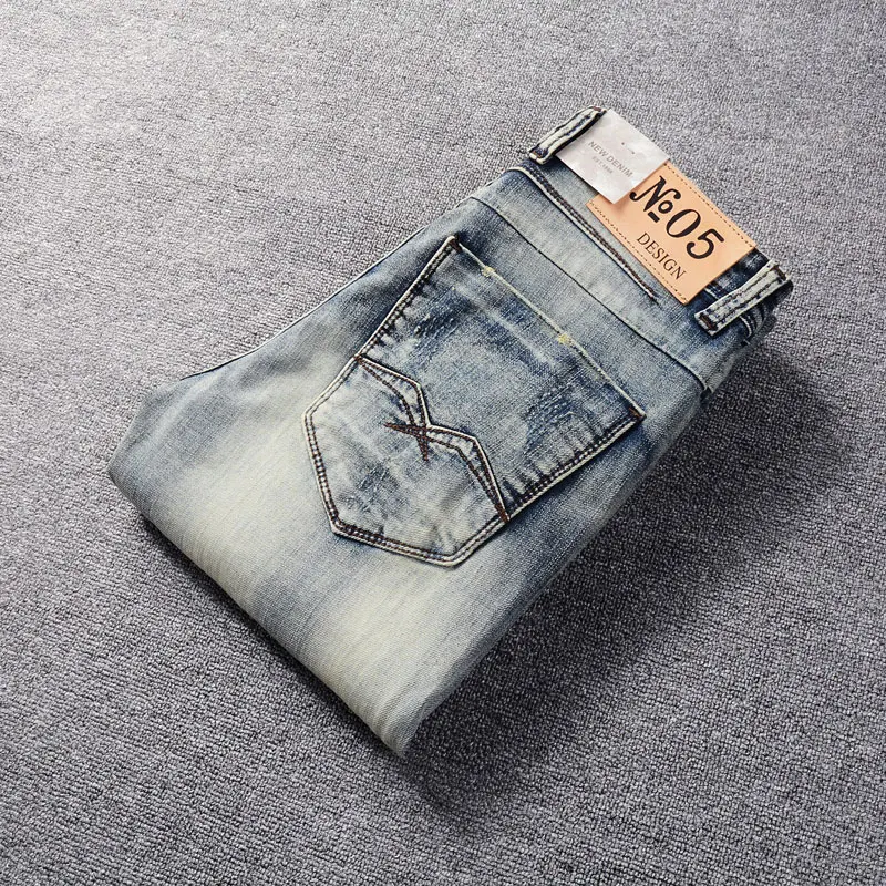 Newly Designer Fashion Men Jeans Retro Washed Blue Elastic Stretch Slim Fit Ripped Jeans Men Patched Vintage Denim Pants Hombre
