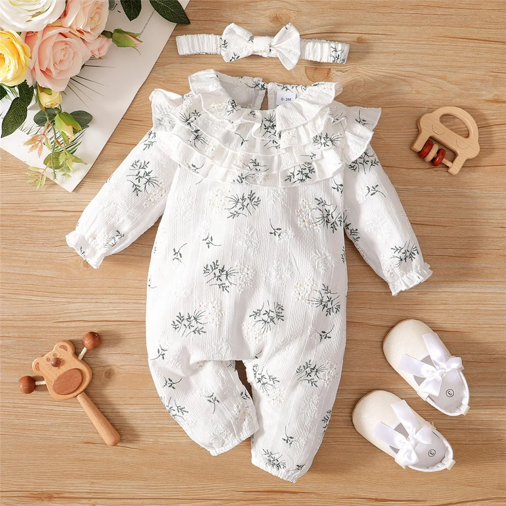 0 to 12 Months Baby Girl Romper Newborn Baby Girl Bodysuit Flowers Lotus Leaf Long Sleeve Jumpsuit with Headband Baby Onesie