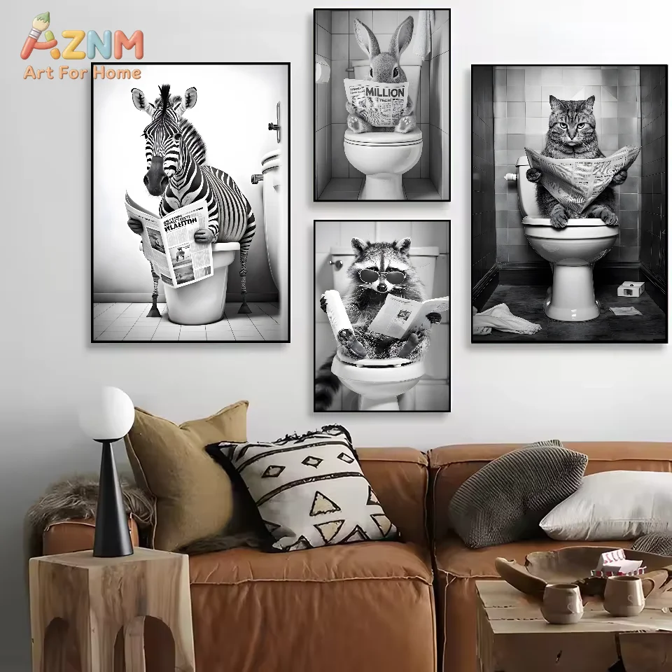 AZNM Black White Funny Animal Canvas Print Zebra Cat Raccoon Rabbit Lion Dog Sitting On Toilet Reading Newspaper Unframed Canvas