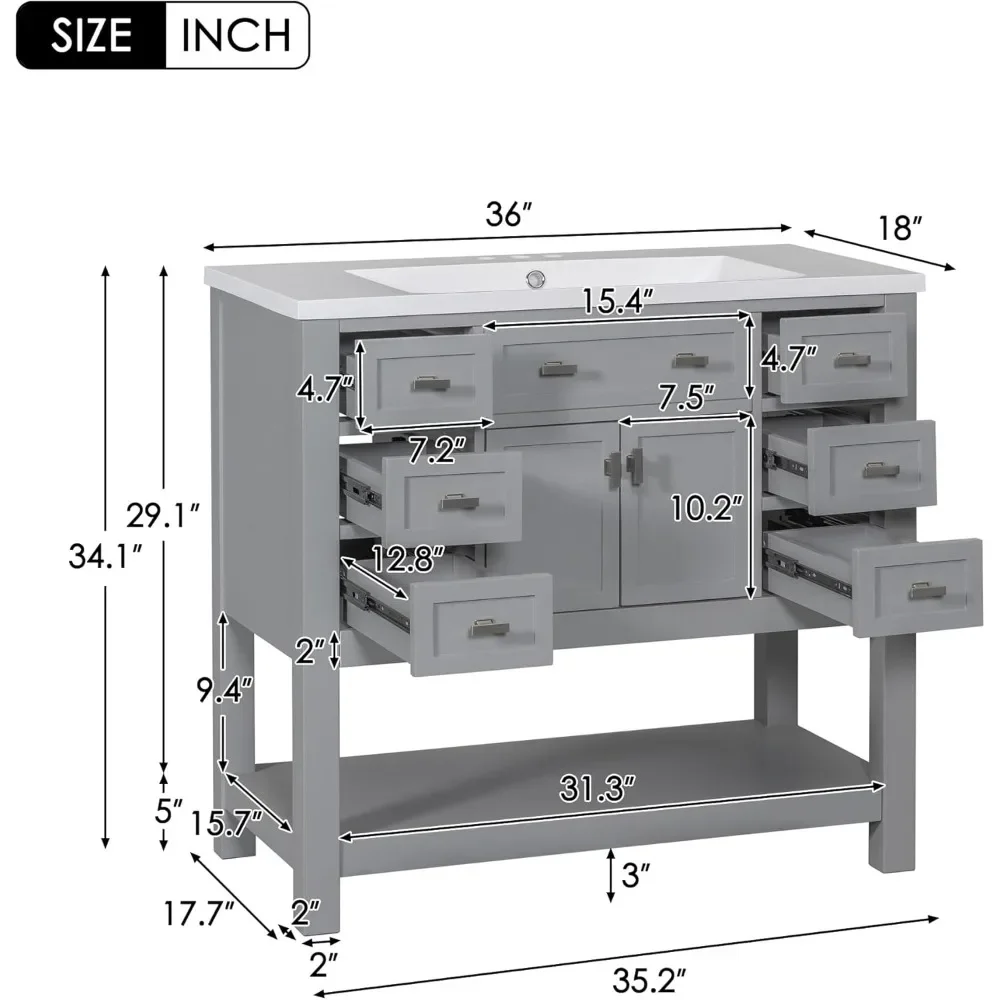 36'' Bathroom Vanity with Single Sink Combo, Modern Bathroom Sink Cabinet with 2 Soft Closing Doors & 6 Drawers & Opening Shelf