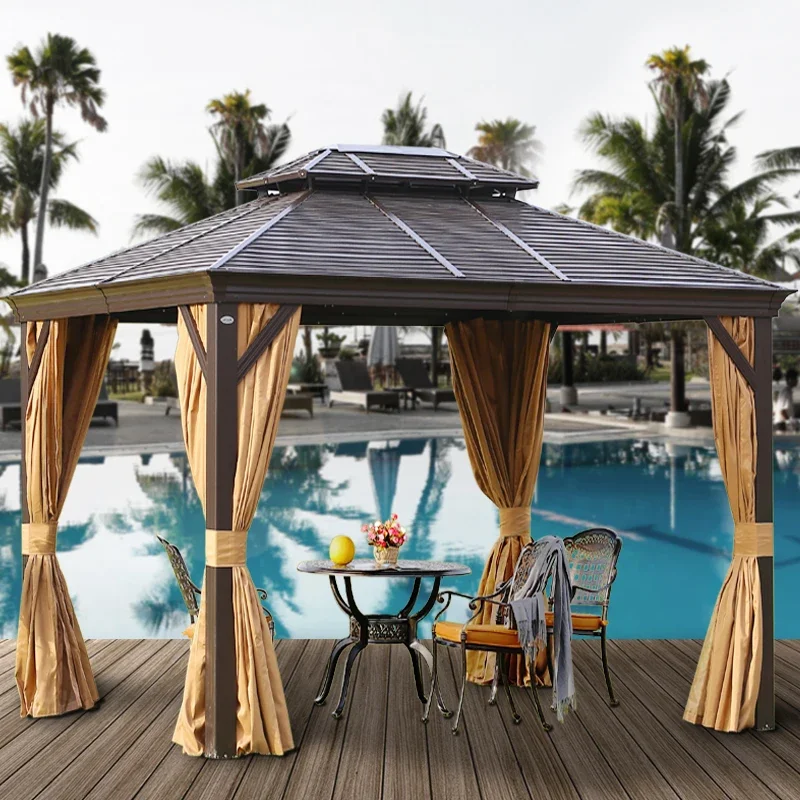Gazebo de Aluminio con Techo de Acero Galvanizado de Doble Capa para Patio y Jardín - Pérgola Impermeable con Techo Rígido