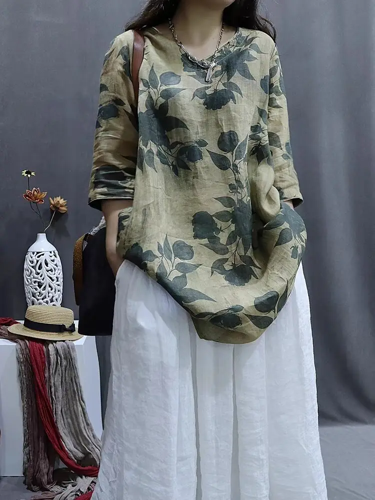 Rétro artistique ample décontracté minceur mi-manches irt imprimé fleuri T-shirt petit haut coton a-ligne jupe v-ne été Dr