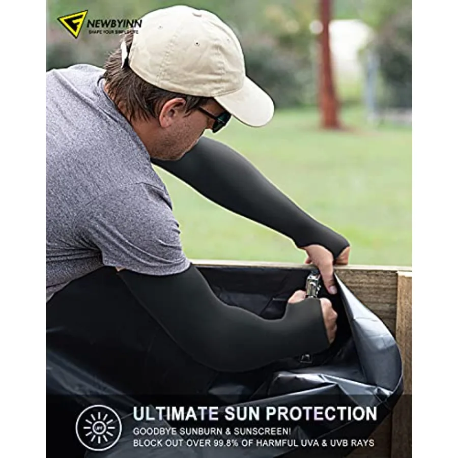 Newbyinn UV Sun Protection Arm Sleeves with Thumb Hole for Men Women Youth, Cooling Sleeve to Cover Tattoo, Mid-Compression - view 3