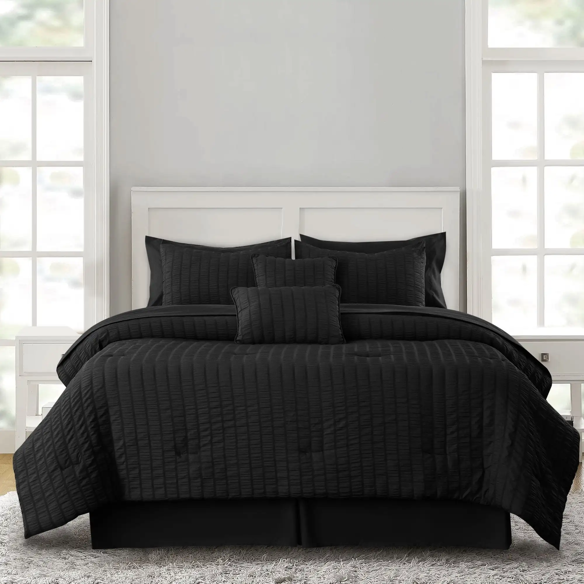 

8 Piece Twin Comforter Set Seersucker Textured - Bed in a Bag All Season Bedding Sets with Comforter, Black