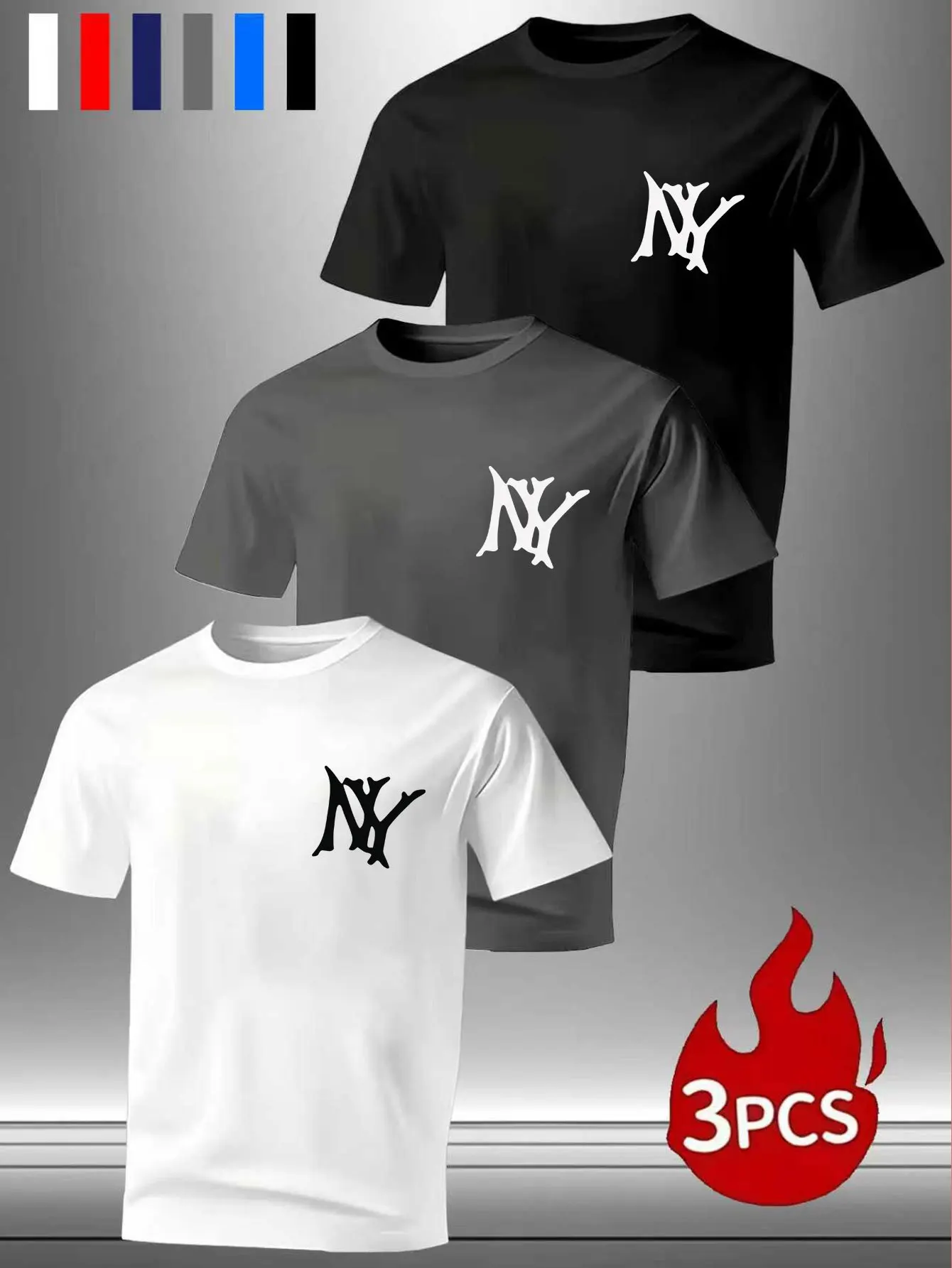 

3-Pack Men's NY Logo T-Shirt, Lightweight Cotton Fabric, Regular Fit, Crew Neck Cotton Short Sleeve, Essential Summer Sportswear