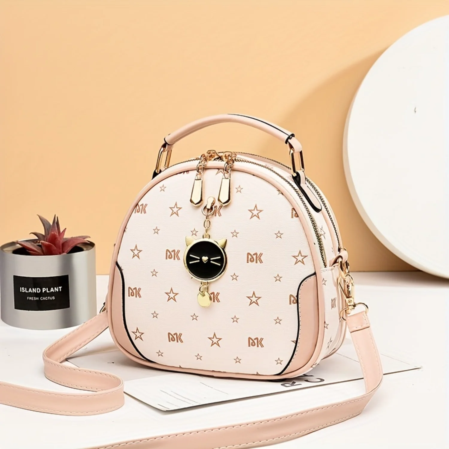 

Cat-Shaped Pendant Shoulder Bag - Double Zipper, PU Leather Crossbody