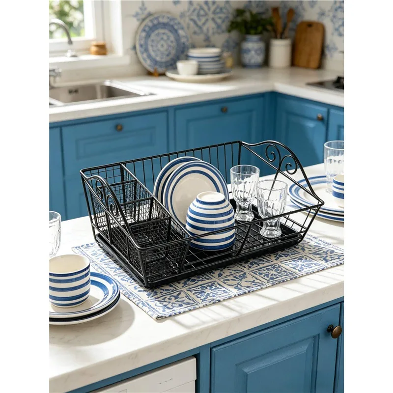 HT Moisture resistant tableware with drainage channel, iron paint rack, multifunctional drain bowl , kitchen storage rack