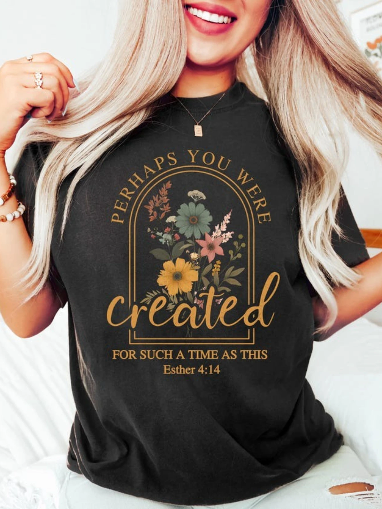 Perhaps You Were Created for Such A Time Shirt 4:14 Christian T-Shirt Floral Faith Tee Bible Verse Sweatshirt Scripture Top