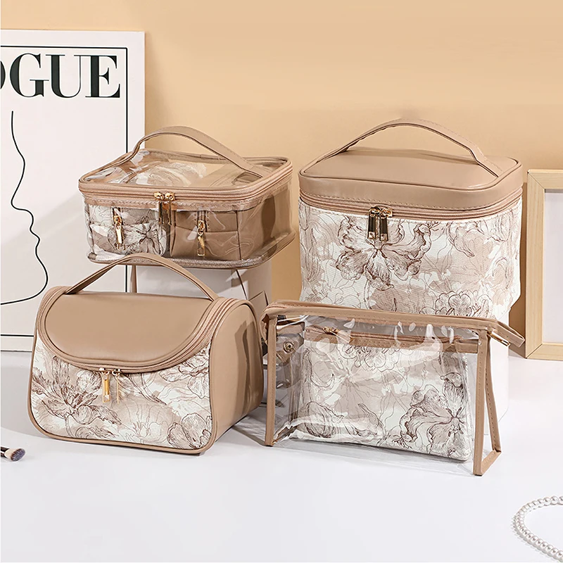 

Элегантная портативная косметичка с кружевным цветочным узором, сумка для хранения косметики с ручкой, вместительная дорожная сумка для туалетных принадлежностей для женщин