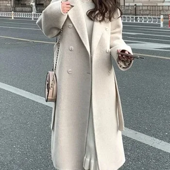 여성용 한국 루즈 모직 코트, 우아한 시크 솔리드 아우터, 롱 오버코트, 벨티드 여성 캐주얼 따뜻한 망토 