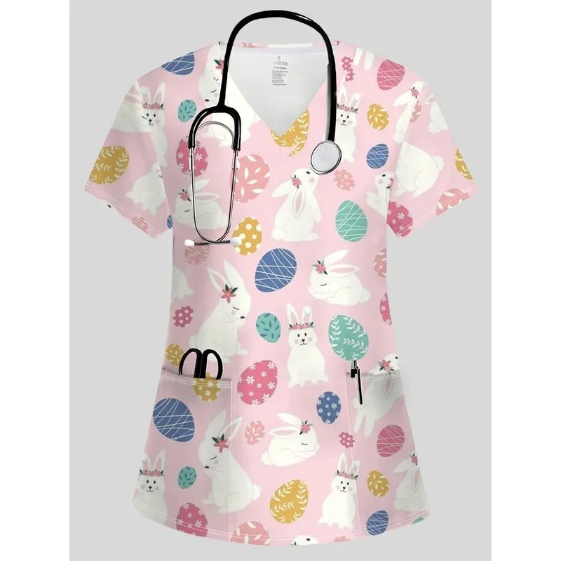 Female medical staffTShirt Easter bunny printVShort-sleeved medical uniformComfortableand breathable veterinary clinic workwear