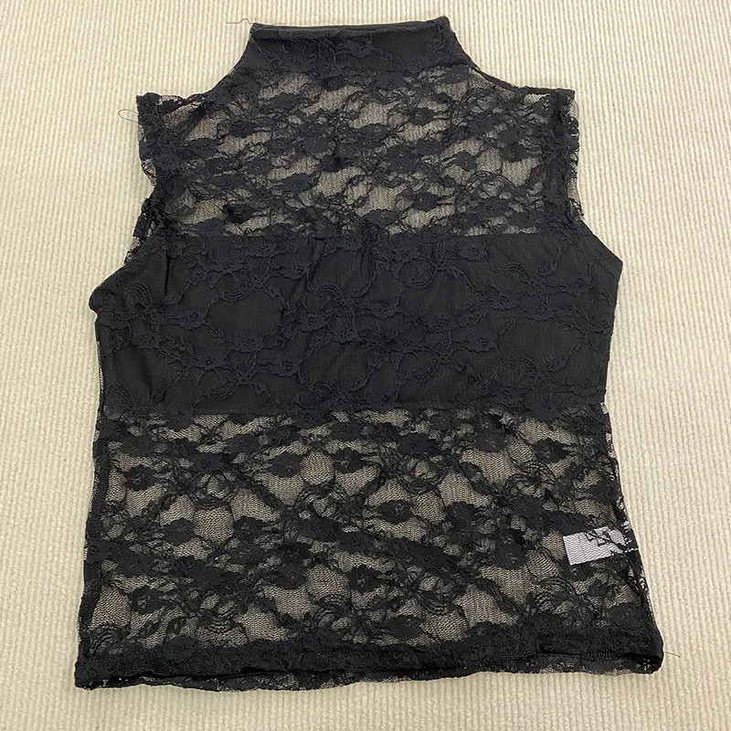 الفرنسية الشارع أناقة الإناث شبكة تول منظور الدبابات الأعلى 2025 مثير الدانتيل الأزهار أكمام جولة الرقبة بلون سترة مثيرة #1