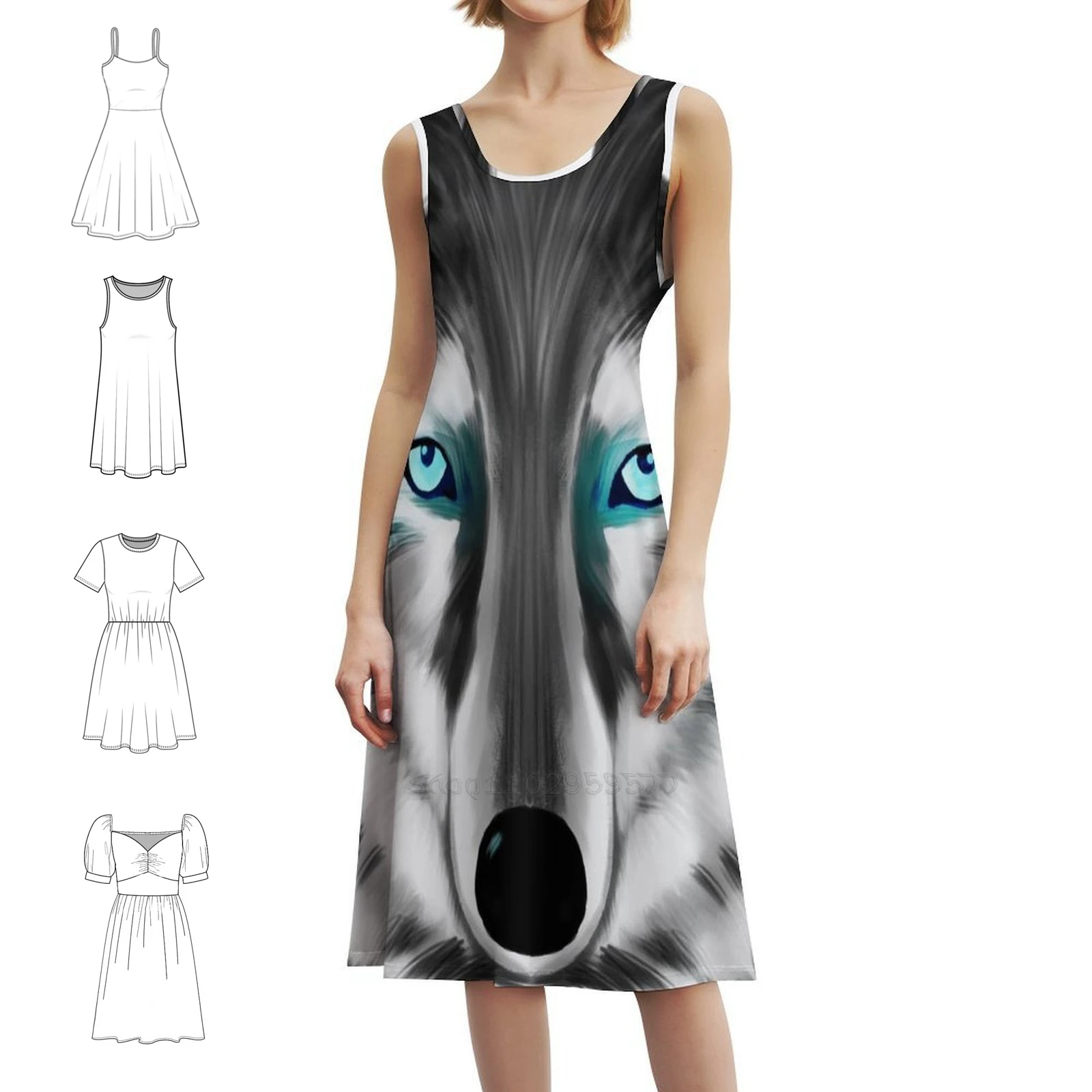 

Винтажное богемное платье «Черно-белый волк» с голубыми глазами, варианты пышных рукавов или без рукавов для женщин, платье цвета волков и волка