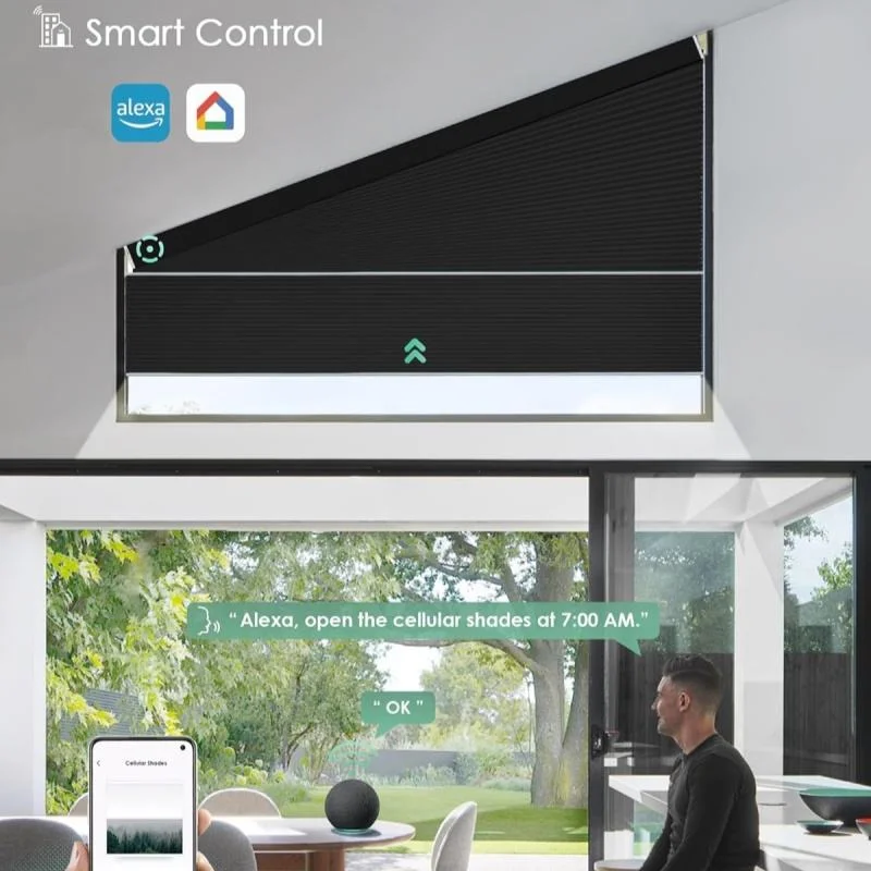 

Горячие продажи 100% моторизованных сотовых жалюзи с контролем синхронизации для нестандартного треугольного окна