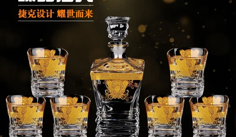 كريستال، زجاج، كأس نبيذ، مجموعة، ورق زهور ذهبي، ويسكي، فاخر خفيف، مجموعة نبيذ