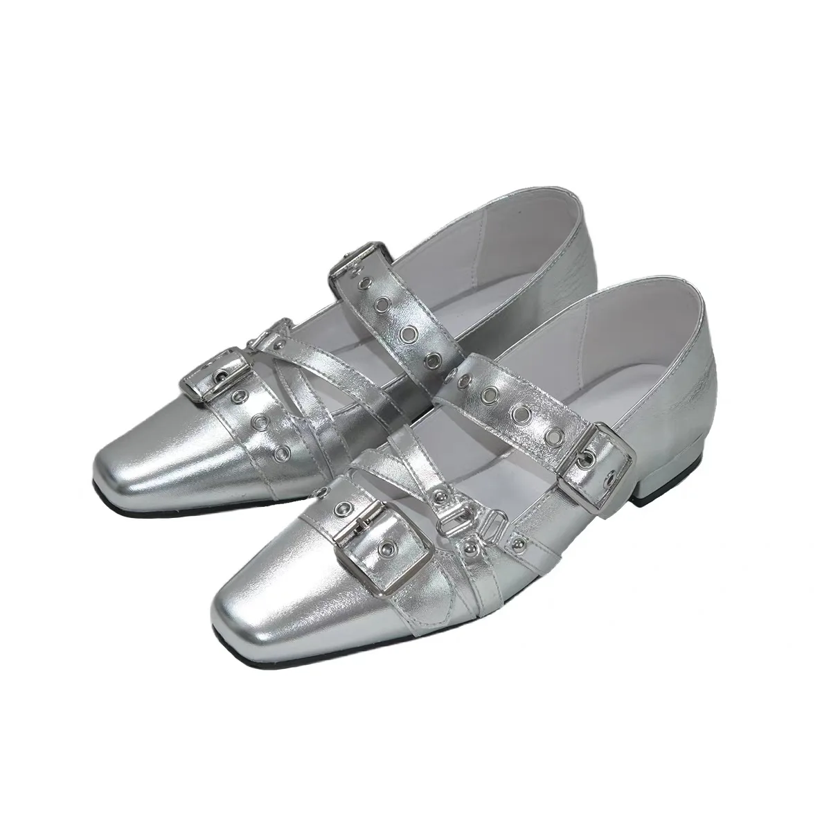 Round Hole Rivet Belt Buckle Cowhide Mary Jane 2026 Spring Thick Low Heel Square Toe Fashionable Single Shoe