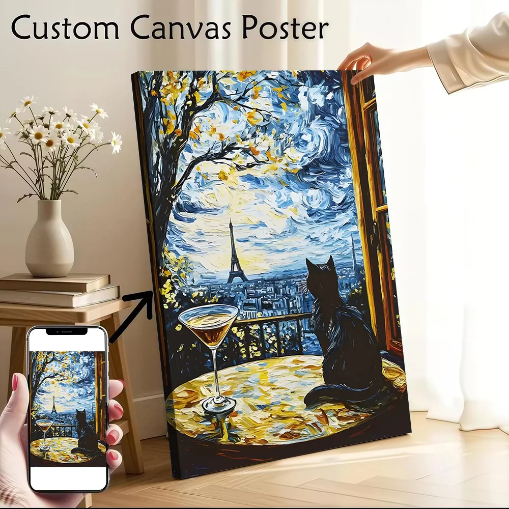 Parisian View With Cat and Cocktail Canvas Poster Wall Art Customizable High Quality Printed Picture for Bedroom Accessories