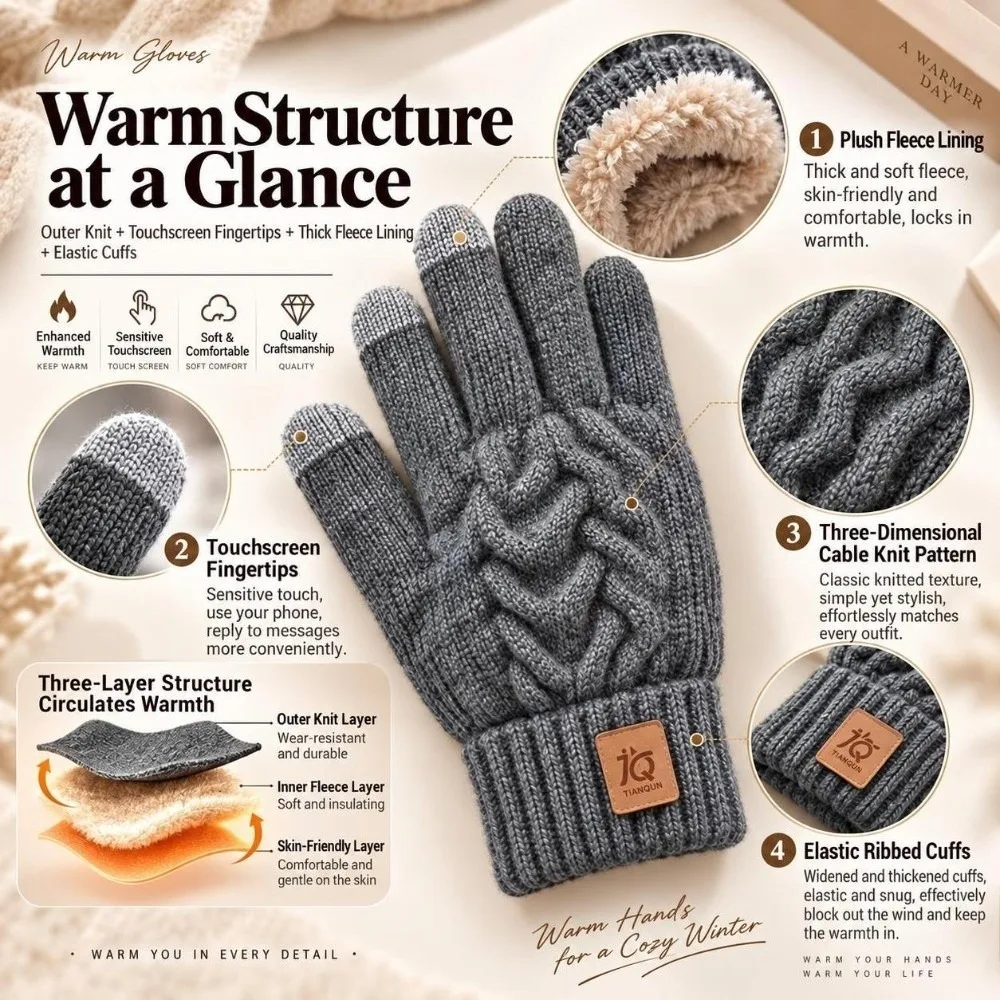 Classic Style Unisex Touch Screen Gloves Acrylic One Size Cable Knitted Gloves Winter Warm Gloves Cold Weather Wear