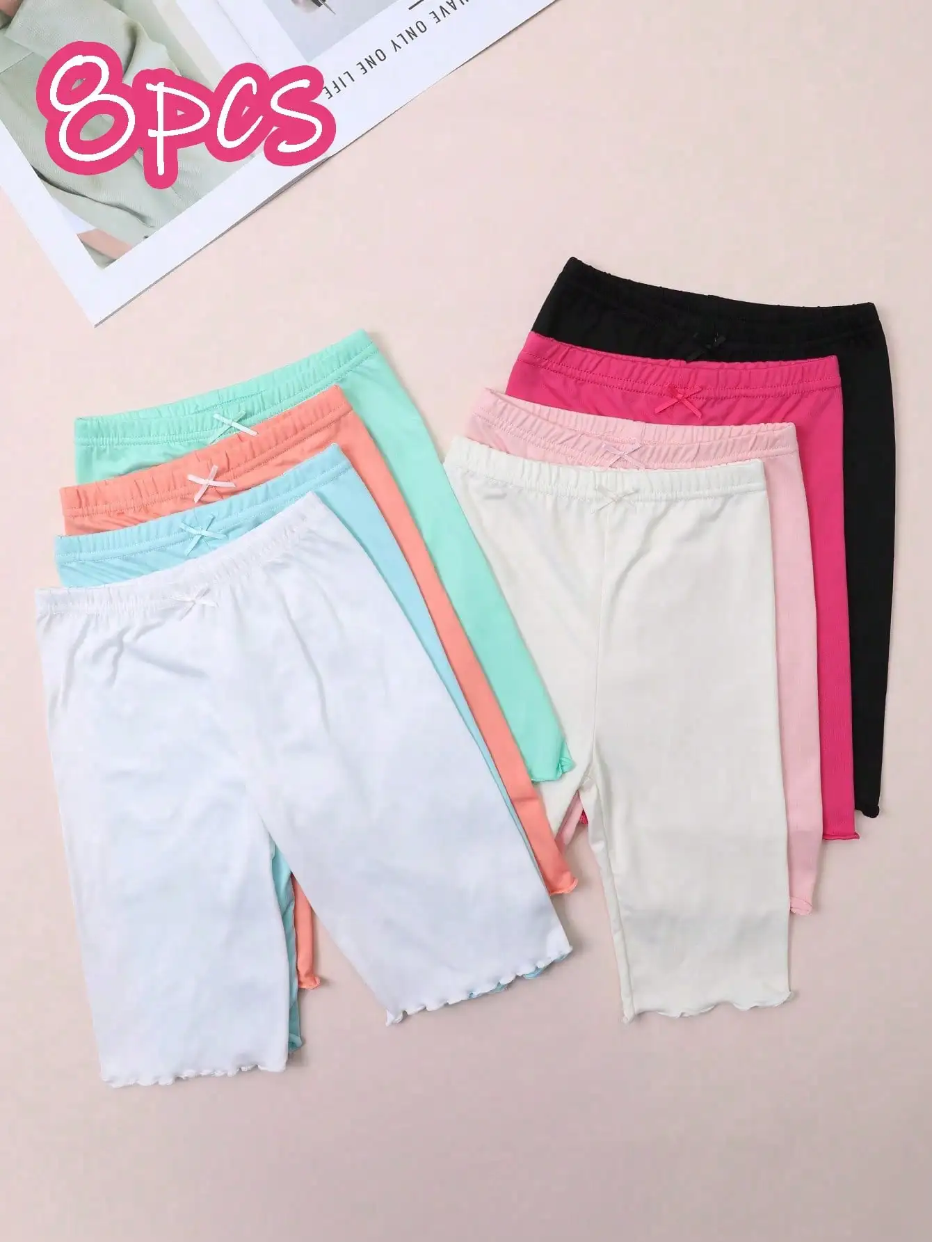 

8Pcs Girls Ruffle Hem Leggings 2-11Y Soft Breathable Stretchy Polyester Spandex Kids Capri Pants For Anti-Exposure & Daily Wear