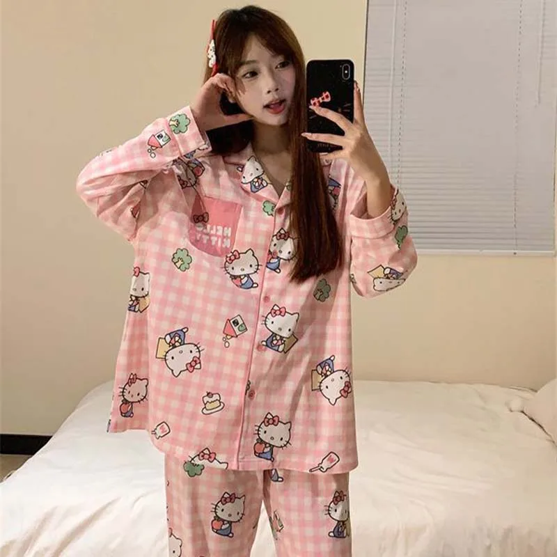 Pyjama imprimé dessin animé Sanrios Hello Kittys pour femme, vêtements de détente, Cardigan à manches longues, vêtements de maison, ensemble deux pièces, automne et printemps