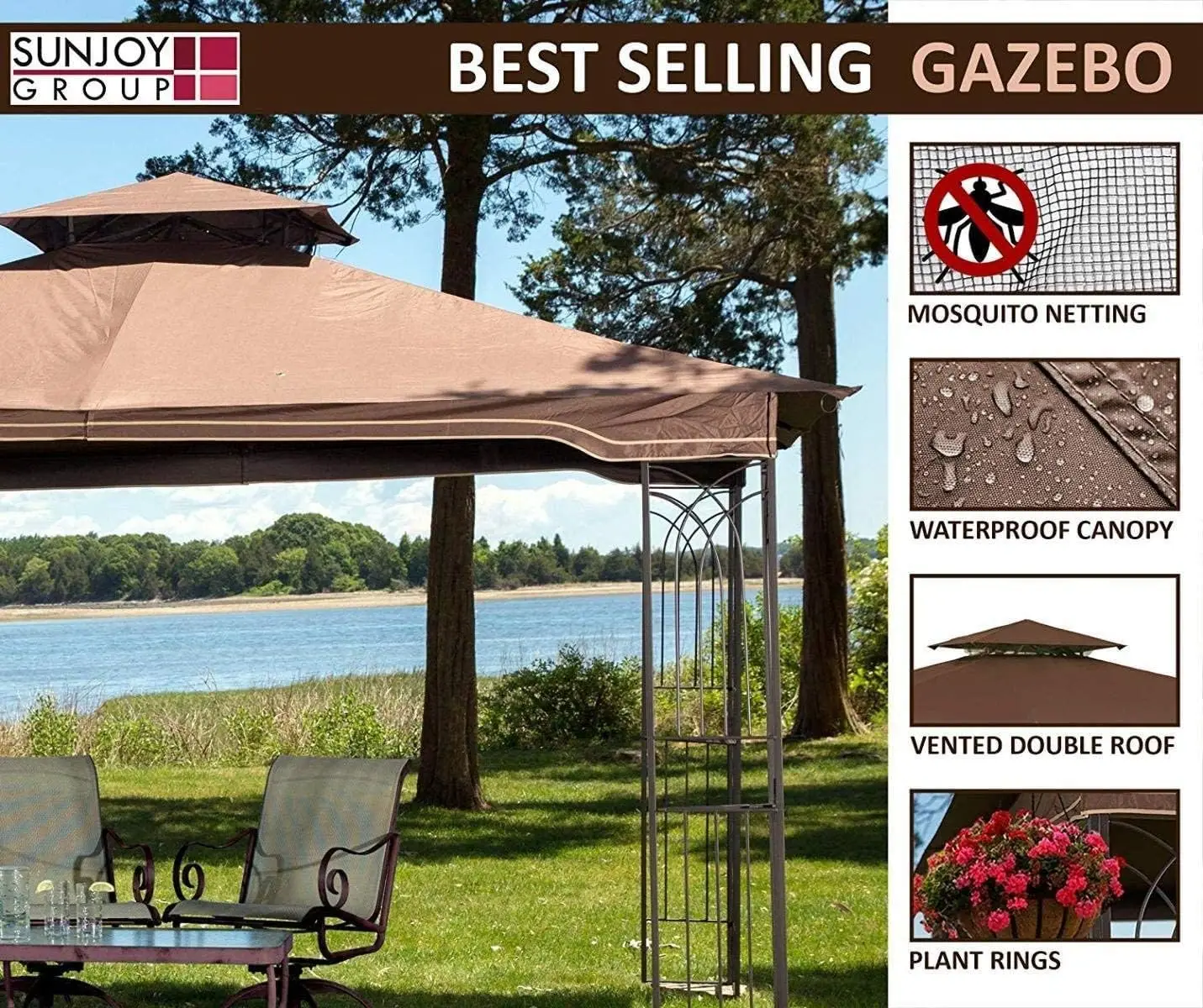 Regency 10X12 Gazebo With Mosquito Netting, Plant Rings, Corner Shelves, Ground Stakes And Center Hook