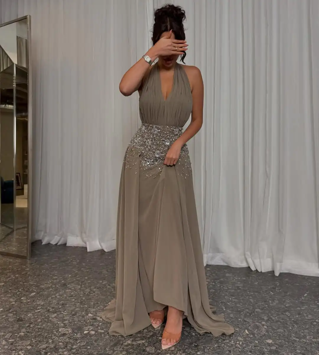 

Customized Sleeveless Evening Dresses V Neck Pleated Beadings Chiffon Floor Length Prom Dresses Party Dresses