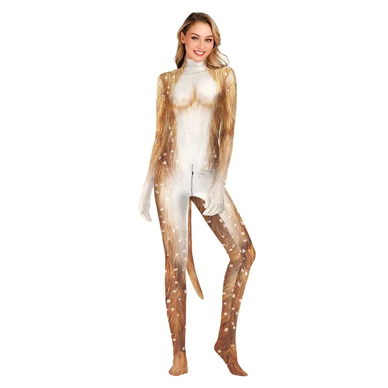 Zawaland Animal 3D Elk Printing with Tail Cosplay Costume Crotch Zip Couple Jumpsuit Carnival Zentai Bodysuit Christmas Catsuit