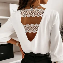 Casual Hollow Lace Stitching White Blouse Women Fashion V-neck Long Sleeve Chiffon Tops Back V Neck Sexy Woman Shirts Elegant